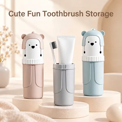 Estuche Portátil Para Cepillo De Dientes Taza De Enjuague Bucal Plástico Oso Dibujos Animados Organizador De Viaje Baño