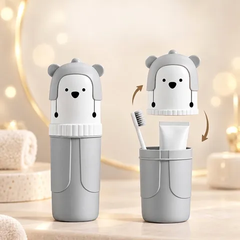 Estuche Portátil Para Cepillo De Dientes Taza De Enjuague Bucal Plástico Oso Dibujos Animados Organizador De Viaje Baño
