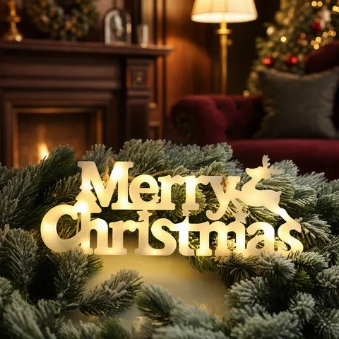 LED Merry Christmas Επιγραφή Διακοσμητικό Με Τάρανδο Αστέρι Ζεστό Λευκό Φως Χριστουγεννιάτικο Πλαστικό Κρεμαστό