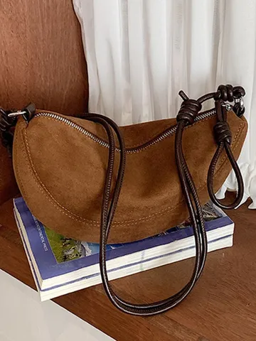 Sac Dumpling Rétro en PU Suède pour Femmes Couleur Unie Imprimé Léopard Sac Épaule Croissant Bandoulière Avec Nœud