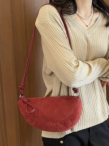 Sac Dumpling Rétro en PU Suède pour Femmes Couleur Unie Imprimé Léopard Sac Épaule Croissant Bandoulière Avec Nœud