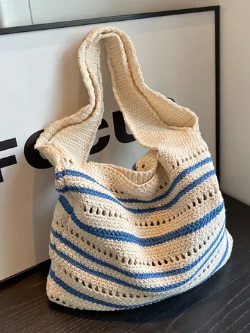 Casual Travel Yarn Knit Crochet Striped Tote Bag Large Capacity Hollow Out Beach Vacation Underarm Bag For Women Everyday Comfort Shoulder Bag