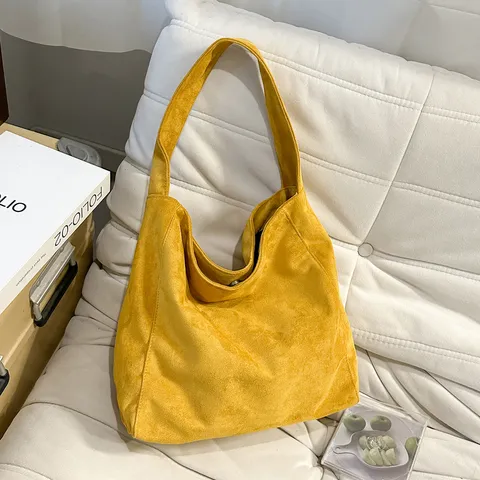 Sac Cabas en Suédine Rétro Grande Capacité Épaule Sac Sous-Aisselle Couleur Unie Sac Hobo Avec Fermoir Magnétique Détails de Couture pour Navette Femme