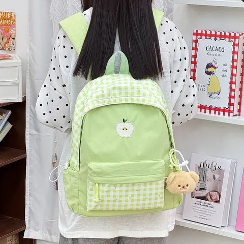 Sac à Dos à Carreaux Kawaii pour Filles Style Japonais Cartable à Carreaux Avec Broderie Pomme Mignon Sac à Dos pour Ordinateur Portable Étudiant pour Ados Sac à Dos de Voyage