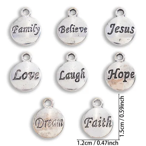 Vintage Alloy Round Word Plate Charms Antique Silver Engraved Believe Faith Dream Family Hope Jesus Laugh Love DIY Jewelry Findings For Bracelets Necklaces