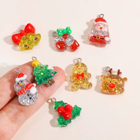 Christmas Resin Charms Pearly Glitter Santa Claus Christmas Tree Gingerbread Man Pendants For DIY Jewelry Keychain Decor