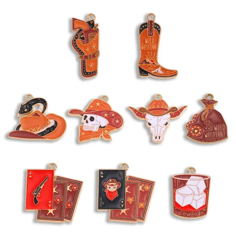 Vintage Zinc Alloy Western Cowboy Skull Enamel Pendant Charm Retro Playing Cards Bull Head Electroplated Charms For DIY Necklace Keychain Making Craft Supplies