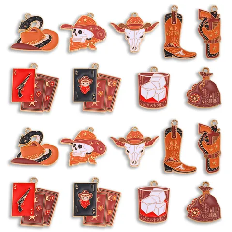 Vintage Zinc Alloy Western Cowboy Skull Enamel Pendant Charm Retro Playing Cards Bull Head Electroplated Charms For DIY Necklace Keychain Making Craft Supplies