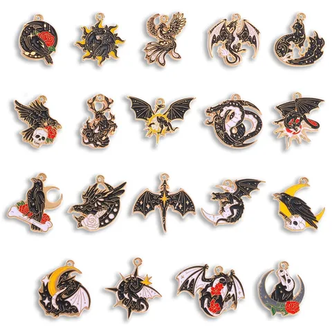 Vintage Donkere Gothische Legering Emaille Draak Raaf Charms Voor DIY Ketting Sleutelhanger Hanger Sieraden Maken