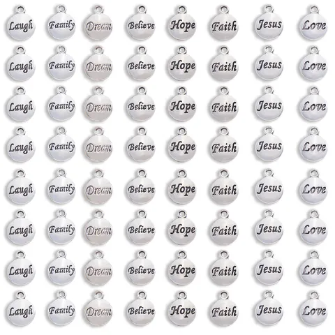 Vintage Alloy Round Word Plate Charms Antique Silver Engraved Believe Faith Dream Family Hope Jesus Laugh Love DIY Jewelry Findings For Bracelets Necklaces
