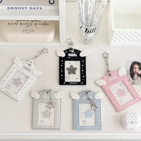 Korean Ins Style Angel Wings PU Leather 3-Inch Photocard Holder Meal Card Protective Case Bag Pendant With Star Keychain
