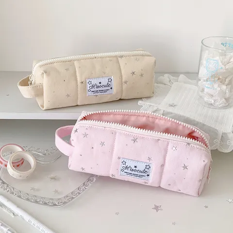Korean Style Star Pattern Pencil Case Large Capacity Quilted Stationery Storage Bag Portable Makeup Pouch For Students Girls