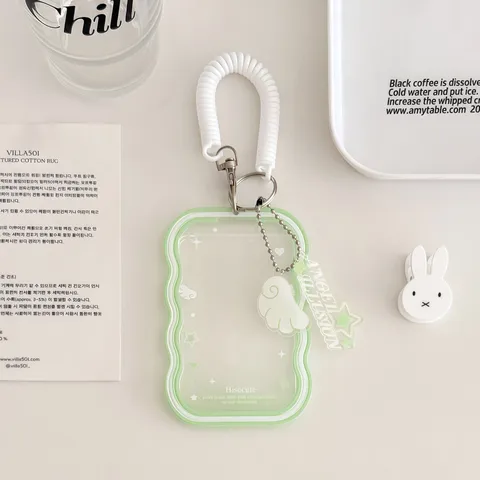 Clear Wavy Border Acrylic Card Holder With Spring Lanyard Keychain Protective Sleeve For Photo Card Bus Pass Students