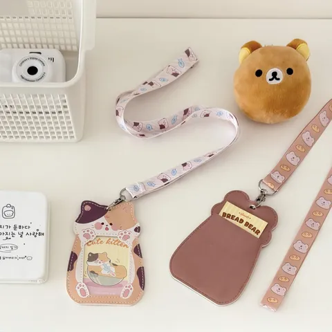 Cute Cartoon PU Leather Card Holder With Lanyard Ins Style Animal Shape Photo Protector Case For Students Everyday Use