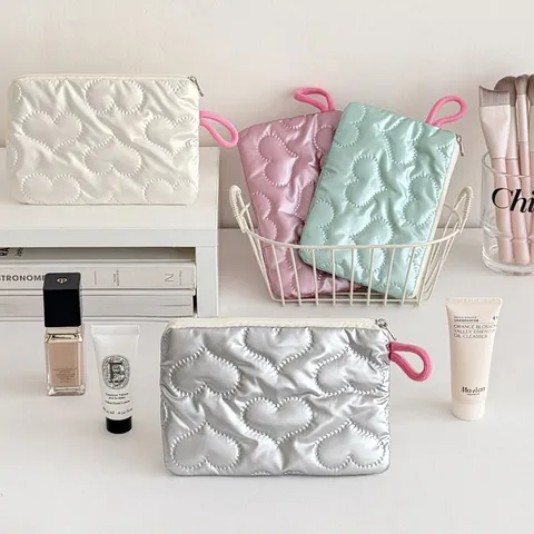 Cute Heart Embossed Quilted Padded Storage Bag Polyester Zip Toiletry Pouch Portable Makeup Purse Mini Coin Organizer For Travel Daily Home