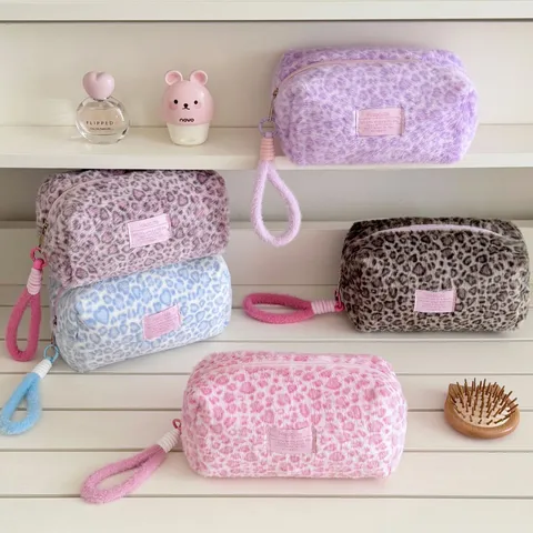 Leopard Print Plush Pencil Case Large Capacity Stationery Pouch Sweet Cool Style Makeup Wash Bag Portable Travel Storage Bag For Women