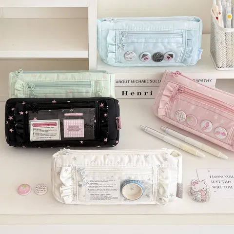 Korean INS Minimalist Polyester Star Pattern Pencil Case Big Capacity Ruffle Stationery Pouch Bag With Clear Window For Students School Storage