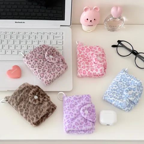 Korean Style Plush Leopard Print Mini Coin Purse For Women Students Snap Button Keychain Card Storage Earphone Bag