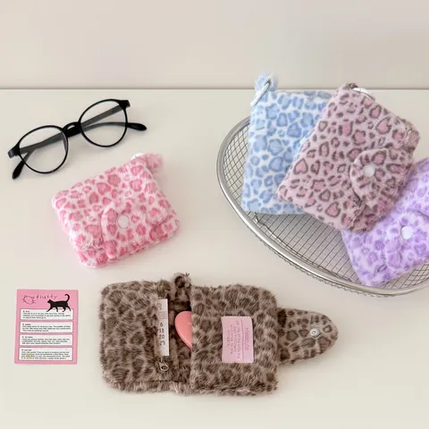 Korean Style Plush Leopard Print Mini Coin Purse For Women Students Snap Button Keychain Card Storage Earphone Bag