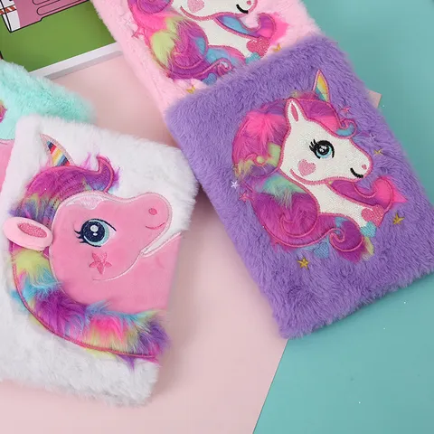 Cute Plush Unicorn Embroidery Notebook Journal For Girls Student Sweet Rainbow Faux Fur Diary Handbook Gift Stationery