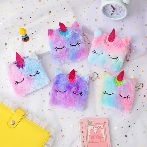 Cartoon Unicorn Plush Coin Purse Gradient Tie-dye Mini Pouch With Metal Chain Embroidered Small Storage Bag For Kids Girls Gift