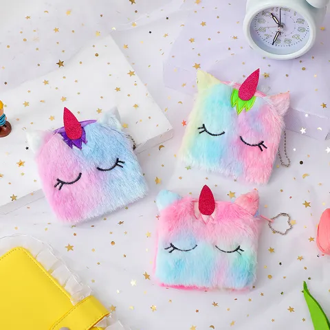 Cartoon Unicorn Plush Coin Purse Gradient Tie-dye Mini Pouch With Metal Chain Embroidered Small Storage Bag For Kids Girls Gift