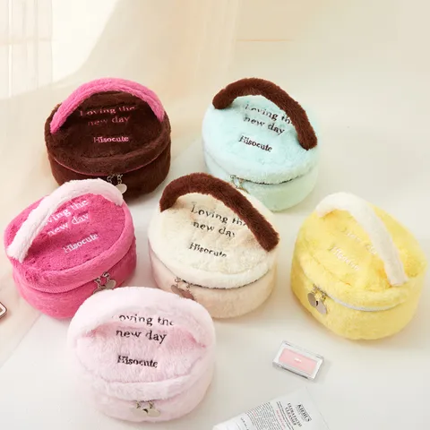 Cute Plush Handheld Makeup Bag Portable Travel Cosmetic Storage Pouch Multi-functional Round Zipper Wash Bag for Women Girls