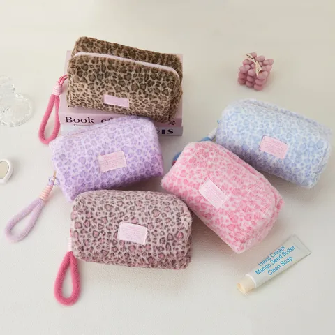 Leopard Print Plush Pencil Case Large Capacity Cosmetic Bag Portable Travel Toiletry Makeup Pouch Korean Style Stationery Organizer
