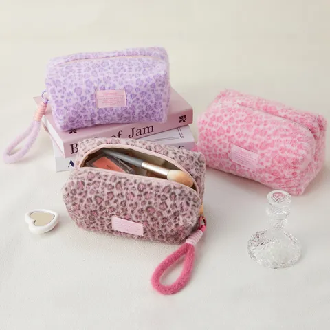 Leopard Print Plush Pencil Case Large Capacity Cosmetic Bag Portable Travel Toiletry Makeup Pouch Korean Style Stationery Organizer