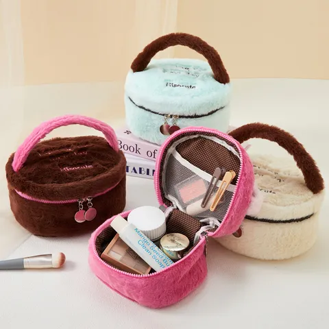 Cute Plush Handheld Makeup Bag Portable Travel Cosmetic Storage Pouch Multi-functional Round Zipper Wash Bag for Women Girls