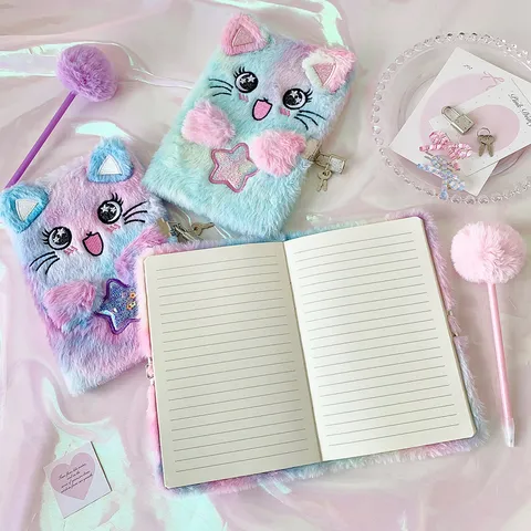 Cute Gradient Plush Cat Notebook With Lock Sweet Cartoon Diary For Girls School Students Stationeries Stationery Gift
