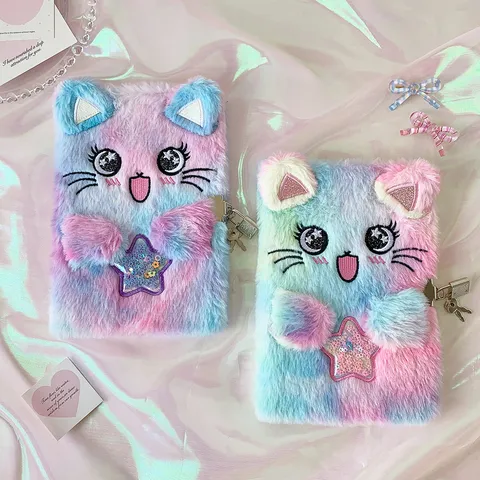 Cute Gradient Plush Cat Notebook With Lock Sweet Cartoon Diary For Girls School Students Stationeries Stationery Gift