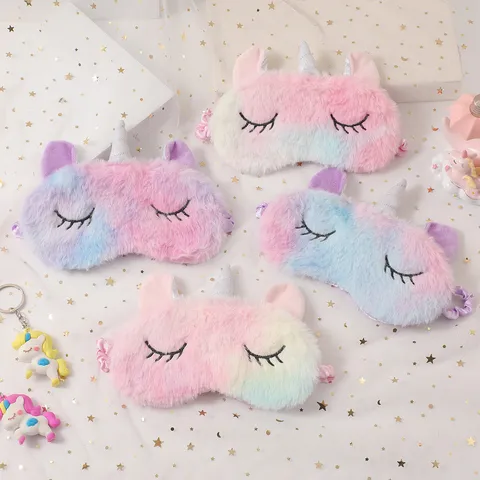 Unicorn Plush Sleep Eye Mask Soft Tie Dye Embroidered Blackout Eye Cover For Kids Adults Travel Nap Accessories