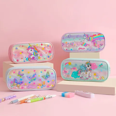Cute Cartoon Unicorn Butterfly Pencil Case Large Capacity Stationery Storage Bag Glitter Sequin Pen Box For School Kids Students