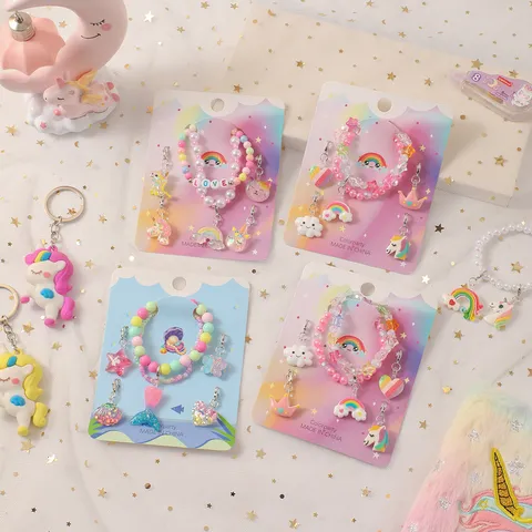 Cute Cartoon Unicorn Rainbow Shell Pendant Beaded Bracelets Handmade Resin Plastic Bead Jewelry Gift For Kids Girls Women
