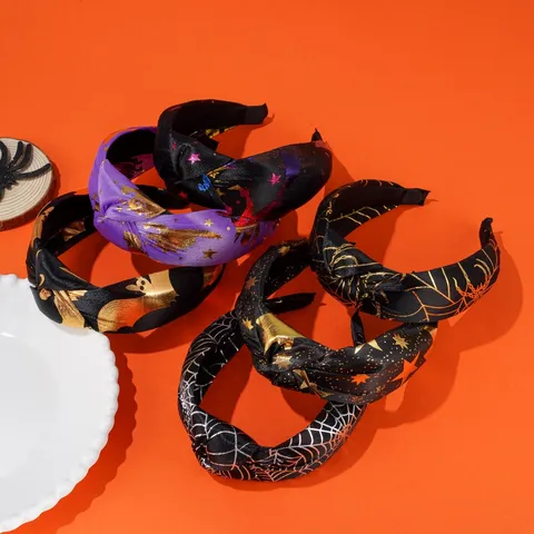 Halloween Knotted Wide Headband Festive Spider Web Bat Star Patterns Knot Hairband Women Party Costume Hair Accessories
