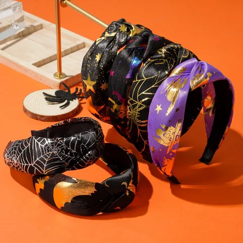 Halloween Knotted Wide Headband Festive Spider Web Bat Star Patterns Knot Hairband Women Party Costume Hair Accessories
