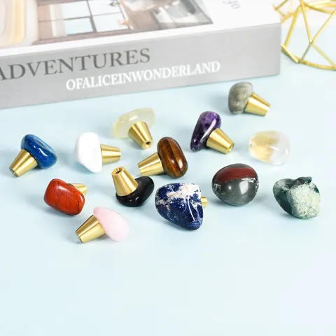 Natural Crystal Stone Furniture Knobs Brass Base Star Square Round Shapes Cabinet Drawer Pulls Decorative Rough Stone Handles