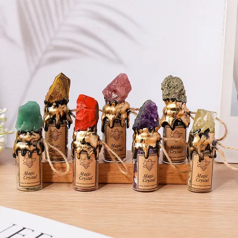 Natural Crystal Raw Stone Wishing Bottle Pendant Healing Energy Crystal Stone Bottle Creative Glass Hanging Decor Gift For Home Party