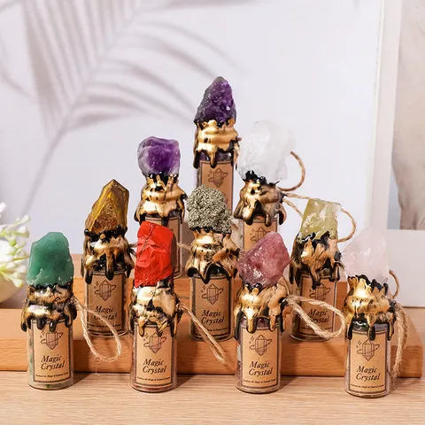 Natural Crystal Raw Stone Wishing Bottle Pendant Healing Energy Crystal Stone Bottle Creative Glass Hanging Decor Gift For Home Party