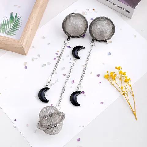 Natural Crystal Moon 304 Stainless Steel Tea Infuser Reusable Fine Mesh Tea Strainer With Chain Portable Tea Filter For Teapot Mug