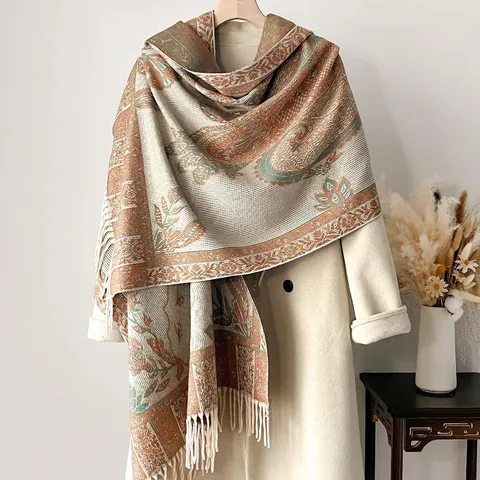 Vintage Ethno Jacquard Schal Damen Winter Warm Quasten Schultertuch Bohemian Paisley Langer Schal Für Reisen Alltag