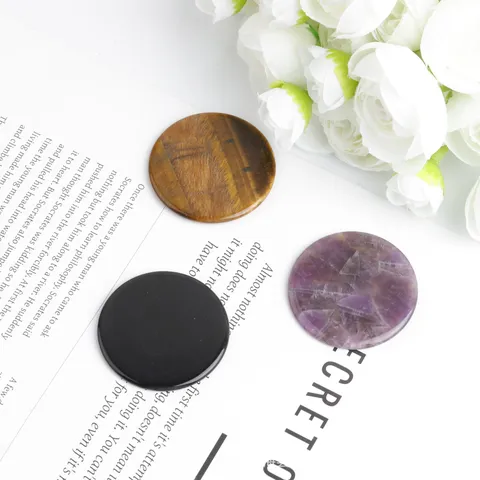 Disque de Pierre de Cristal Naturel Poli Double Face Plat Rond Améthyste Obsidienne Œil de Tigre Pierre de Guérison Ornement