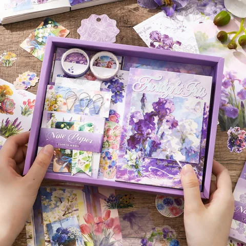 Japanischer Stil Lila Iris Floral Bedruckt Schreibwaren Geschenkbox Set Mit Notizbuch Aufkleber Washi Tapes Notizblöcke Für Tagebuch DIY Kunst Handwerk Geschenk