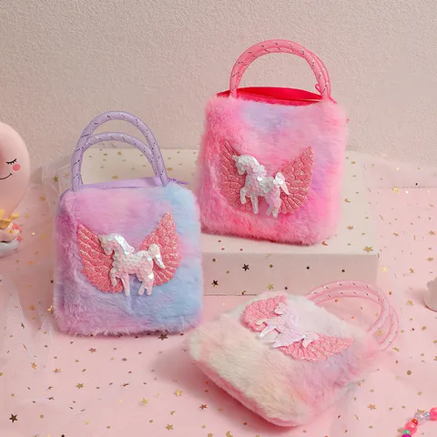 Cute Cartoon Unicorn Plush Shoulder Bag For Girls Playful Sequin Wing Kids Crossbody Bag Sweet Daily Outfit Fluffy Handbag Gift
