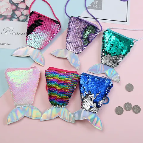 Cute Mermaid Tail Sequin Coin Purse Velvet For Kids Glitter Holographic Crossbody Bag Small Shoulder Wallet Mini Chain Handbag