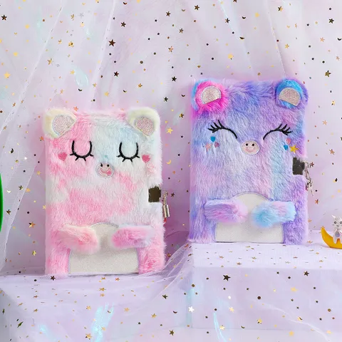 Kids Plush Diary With Lock Cute Gradient Tie-Dye Animal Notebook 80 Sheets A5 Journal Secret Notepad For Girls Student Gift