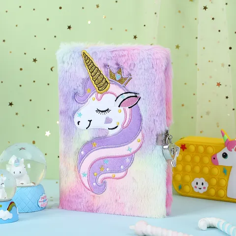 Cute Cartoon Unicorn Diary Notebook With Lock Plush Fabric Embroidered Journal Notebook For Kids Grils Writing Stationary Gift