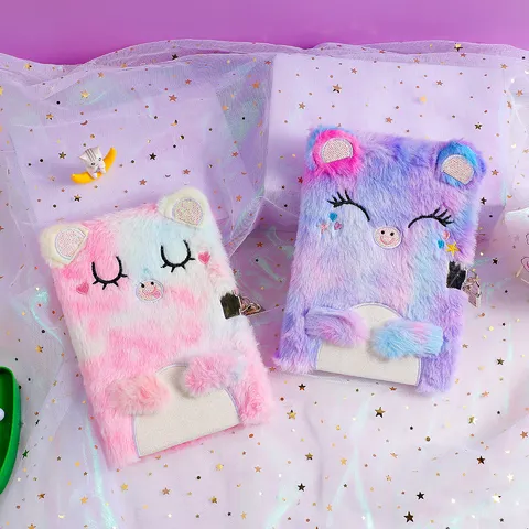 Kids Plush Diary With Lock Cute Gradient Tie-Dye Animal Notebook 80 Sheets A5 Journal Secret Notepad For Girls Student Gift