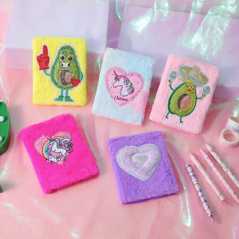 Cartoon Plush Avocado Notebook Sequin Embroidery Journal Student Stationery School Supplies Creative Stationery Gift Notebook